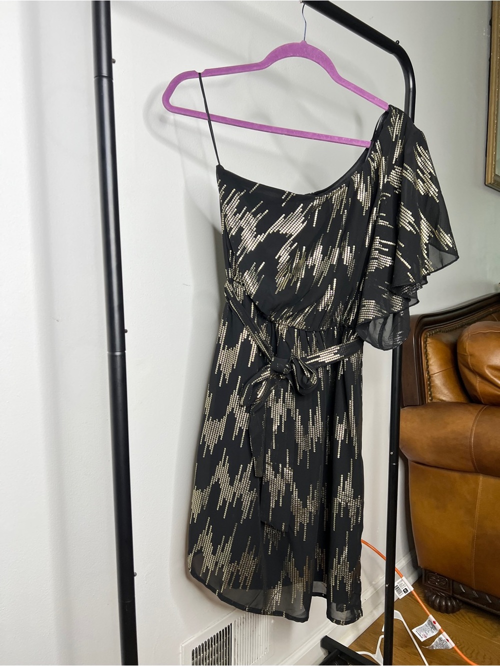 Charming Charlie Black One-Shoulder Dress with Gold Metallic Pattern